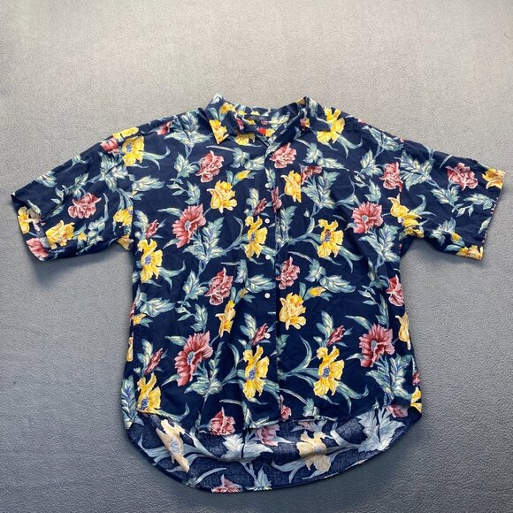 VTG Tommy Hilfiger Shirt Mens XL Button Up Blue Rayon Hawaiian Crest Baggy 90s - Picture 1 of 11